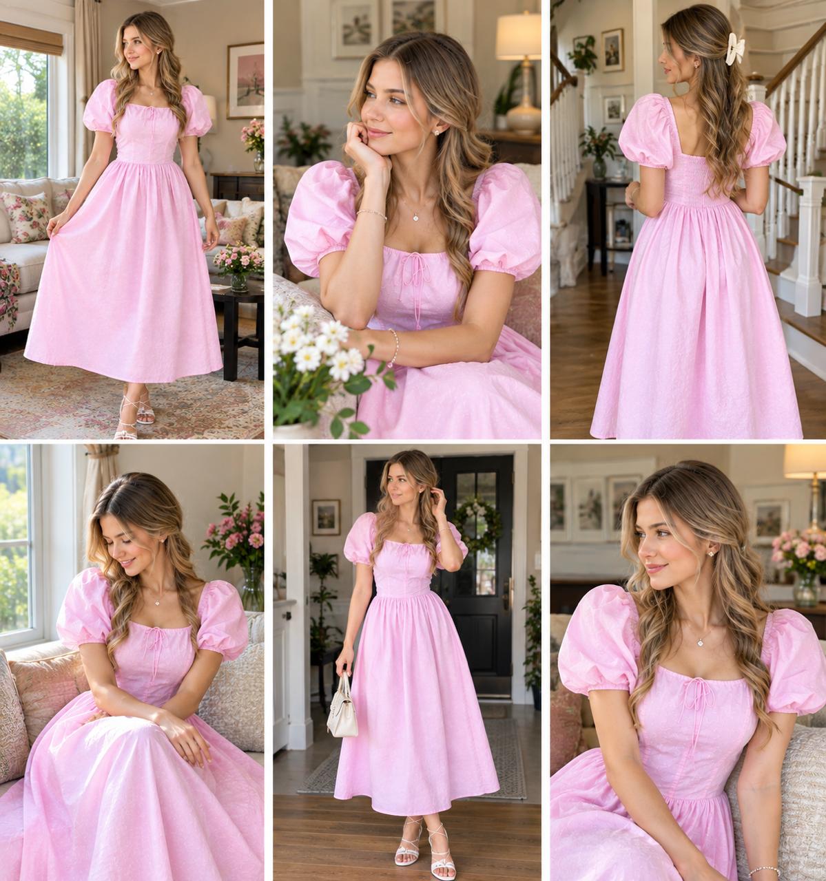 pink  Cotton Square Neck Puff Sleeve Flared Dress