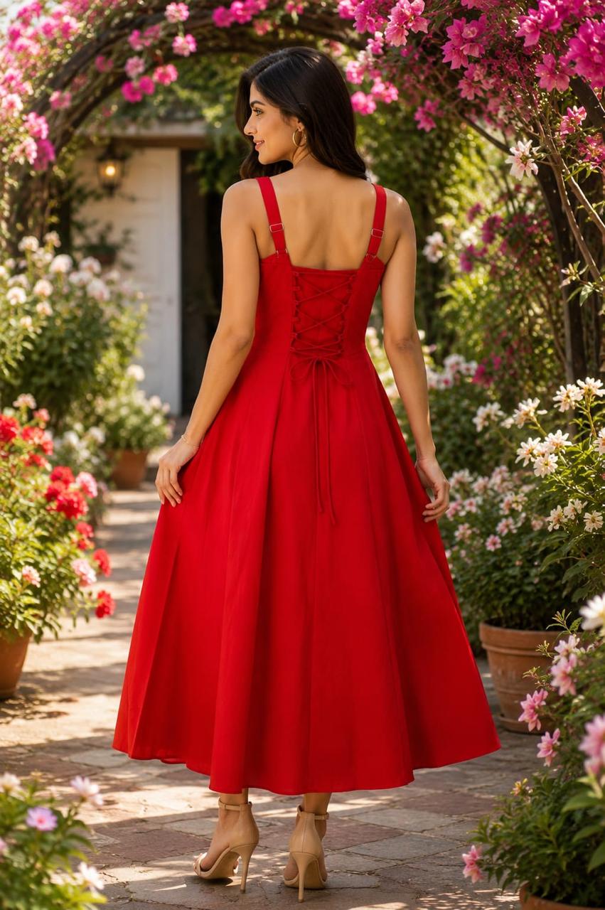 Solid Red Cotton Midi Dress for Women