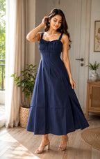 Navy Blue Cotton Midi Dress for Women