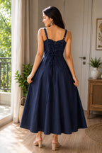 Navy Blue Cotton Midi Dress for Women