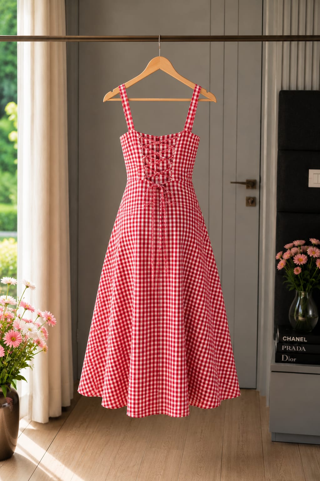 Red Gingham Check Cotton Midi Dress