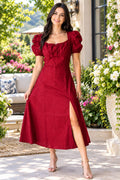 Wine Red Cotton Midi Dress for Women, Puff Sleeve Ruched Bust Flared Dress with Front Slit
