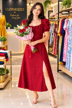 Wine Red Cotton Midi Dress for Women, Puff Sleeve Ruched Bust Flared Dress with Front Slit
