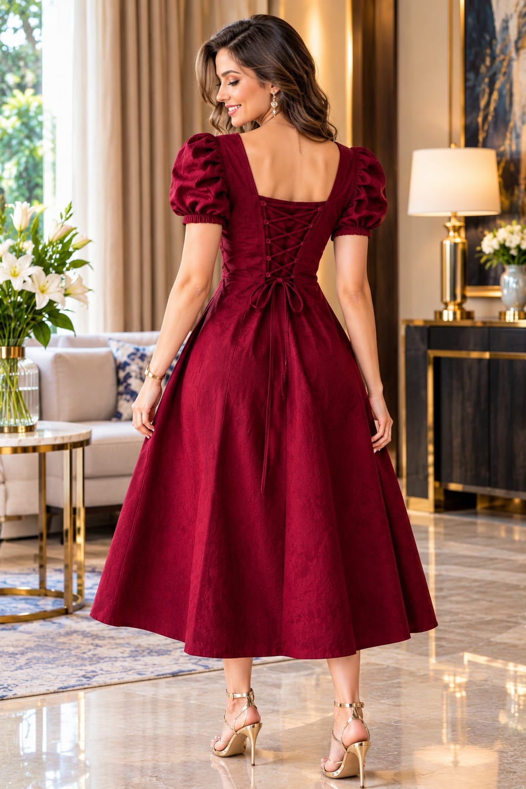 Wine Red Cotton Midi Dress for Women, Puff Sleeve Ruched Bust Flared Dress with Front Slit
