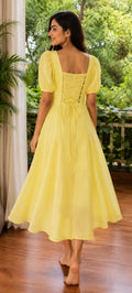 yellow Puff Sleeve Ruched Bust Lace-Up Back Flared Dress