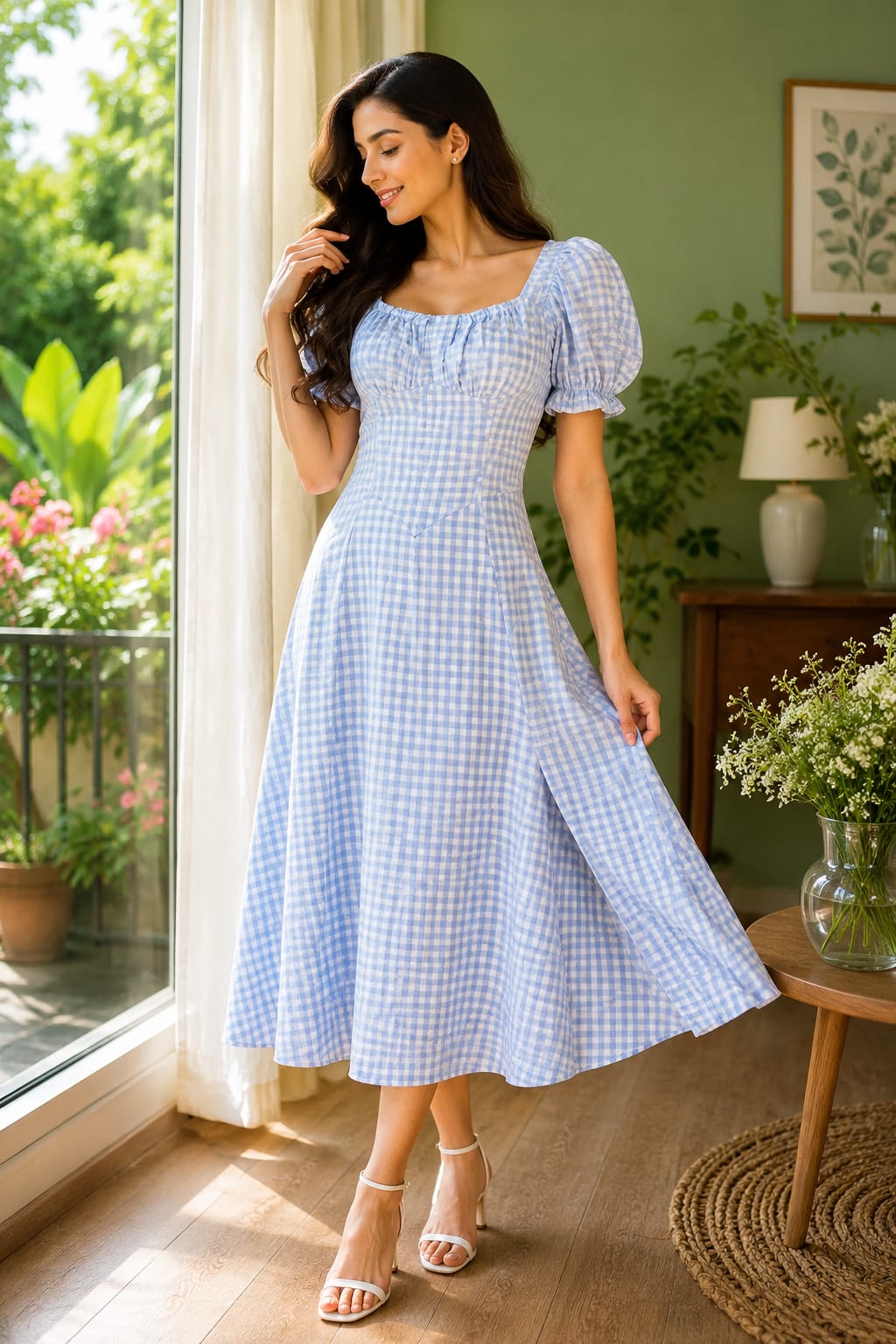 Pastel Powder Blue Puff Sleeve Ruched Bust Lace-Up Back Flared Dress