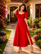Red Cotton Midi Dress for Women, Puff Sleeve Ruched Bust Lace-Up Back Flared Dress