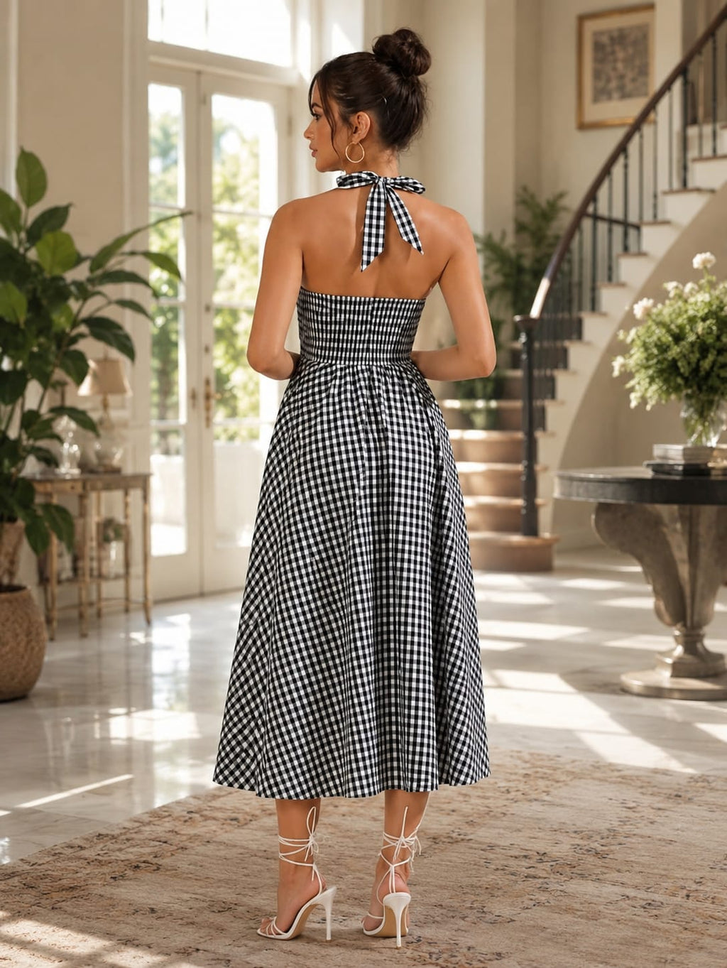 Black White Gingham Check Cotton Midi Dress, Halter Neck Deep V Backless Flared Dress
