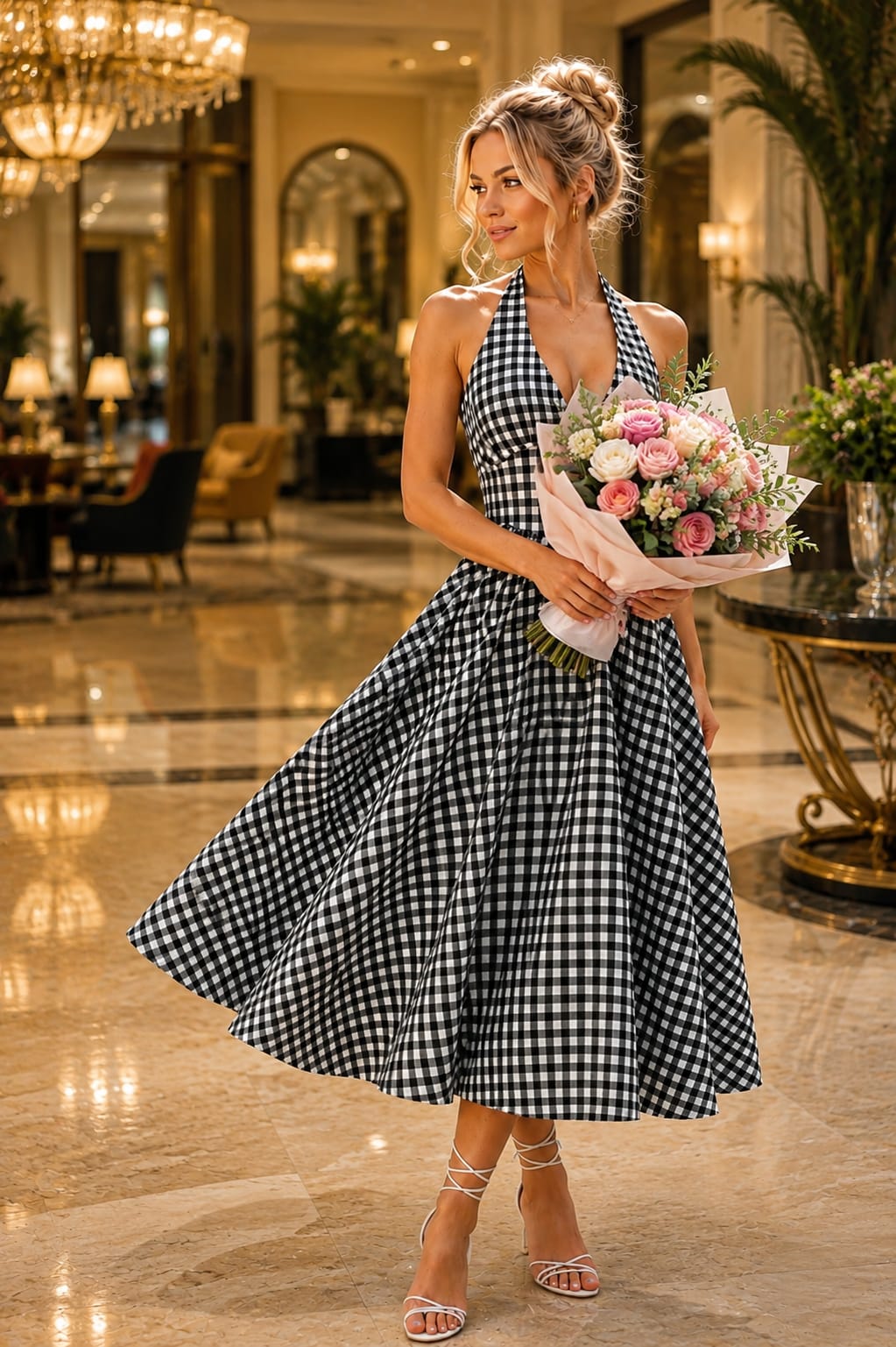 Black White Gingham Check Cotton Midi Dress, Halter Neck Deep V Backless Flared Dress