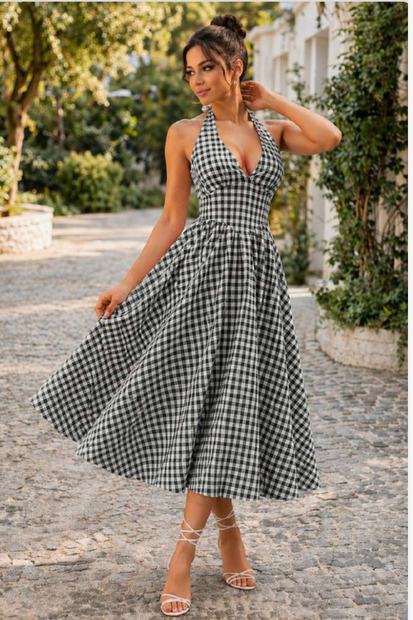 Black White Gingham Check Cotton Midi Dress, Halter Neck Deep V Backless Flared Dress