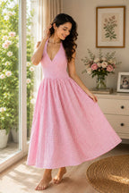 Pink Gingham Check Cotton Midi Dress , Halter Neck Deep V Flared Dress