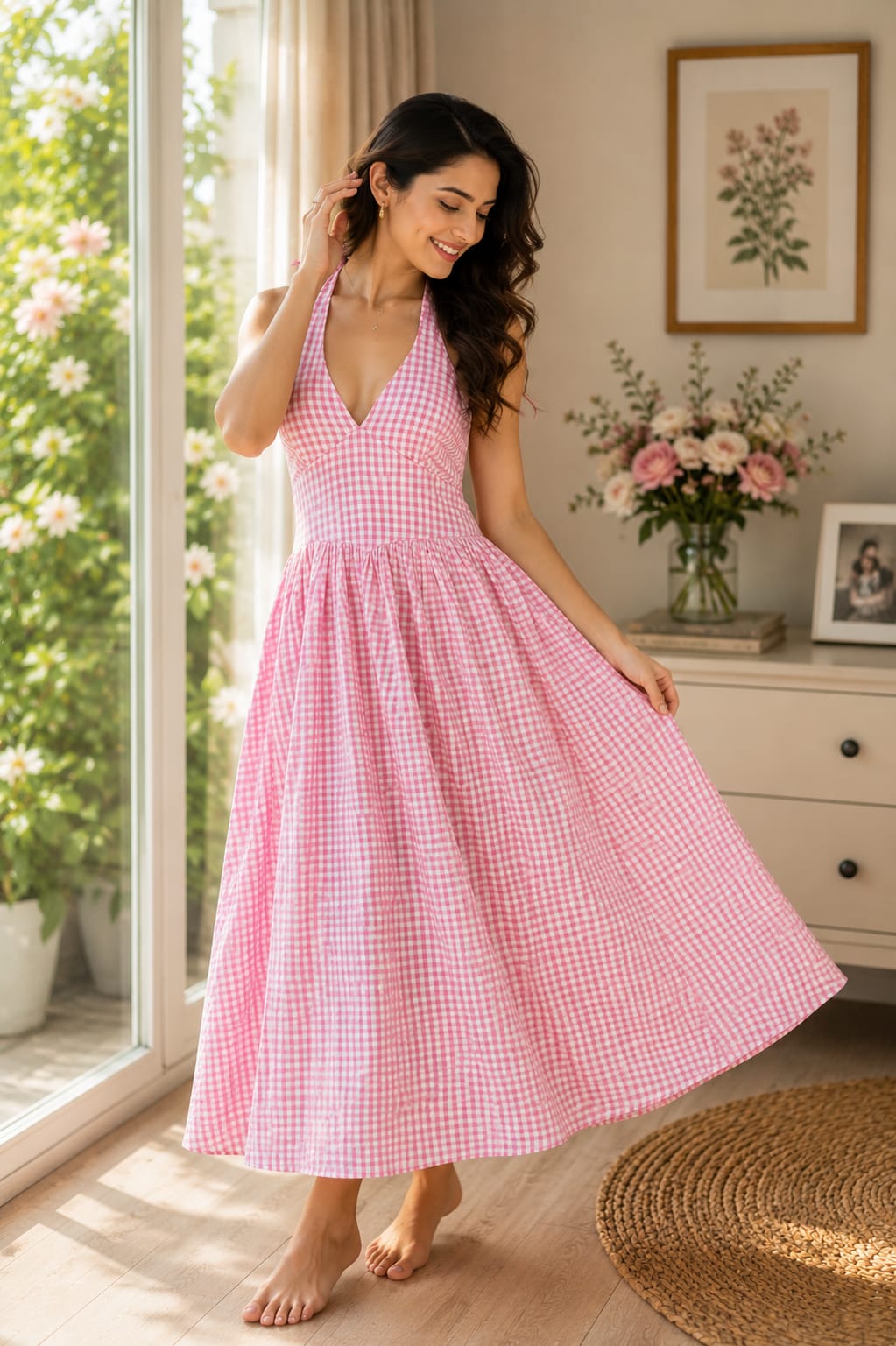 Pink Gingham Check Cotton Midi Dress , Halter Neck Deep V Flared Dress