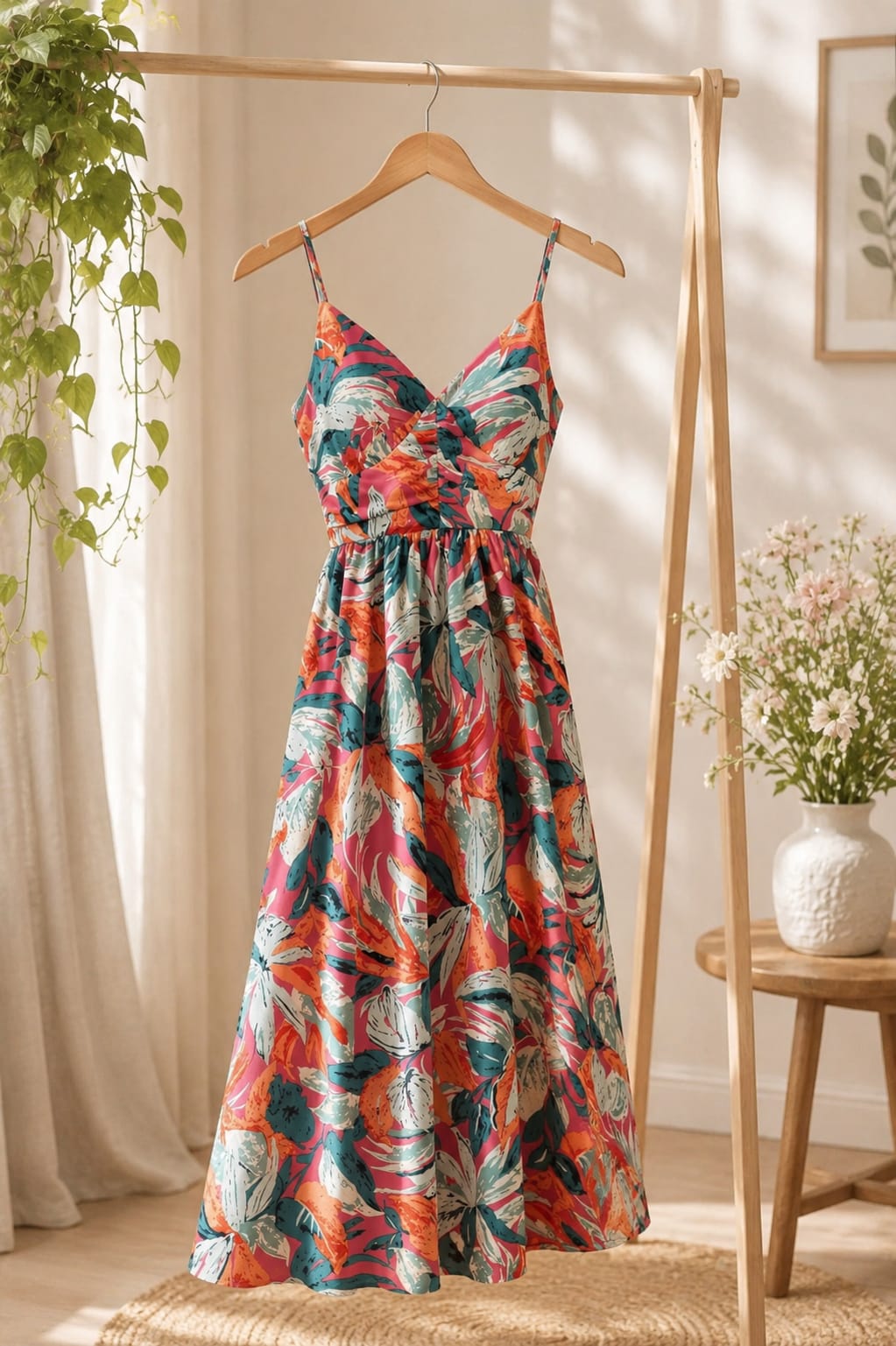 Tropical Print Cotton Midi Dress for Women, Spaghetti Strap Twisted V Neck Flared Dress