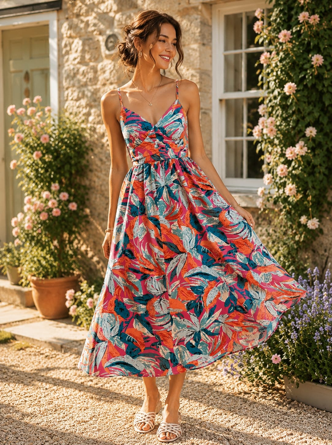 Tropical Print Cotton Midi Dress for Women, Spaghetti Strap Twisted V Neck Flared Dress