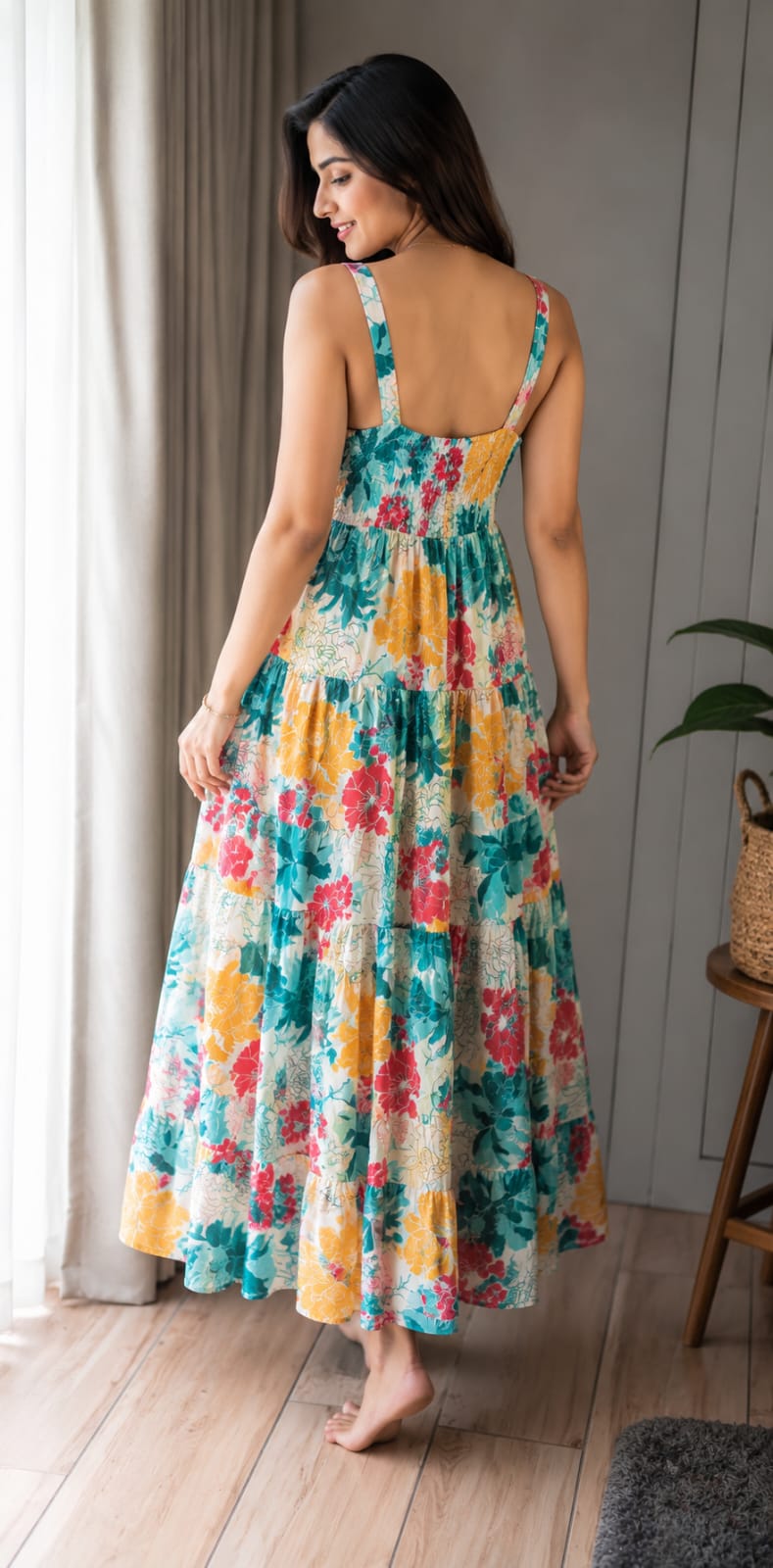 Floral Cotton Maxi Dress for Women | Sleeveless Square Neck Tiered Long Dress with Smocked Back
