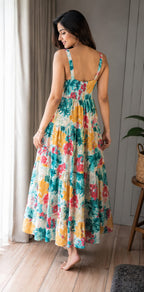 Floral Cotton Maxi Dress for Women | Sleeveless Square Neck Tiered Long Dress with Smocked Back
