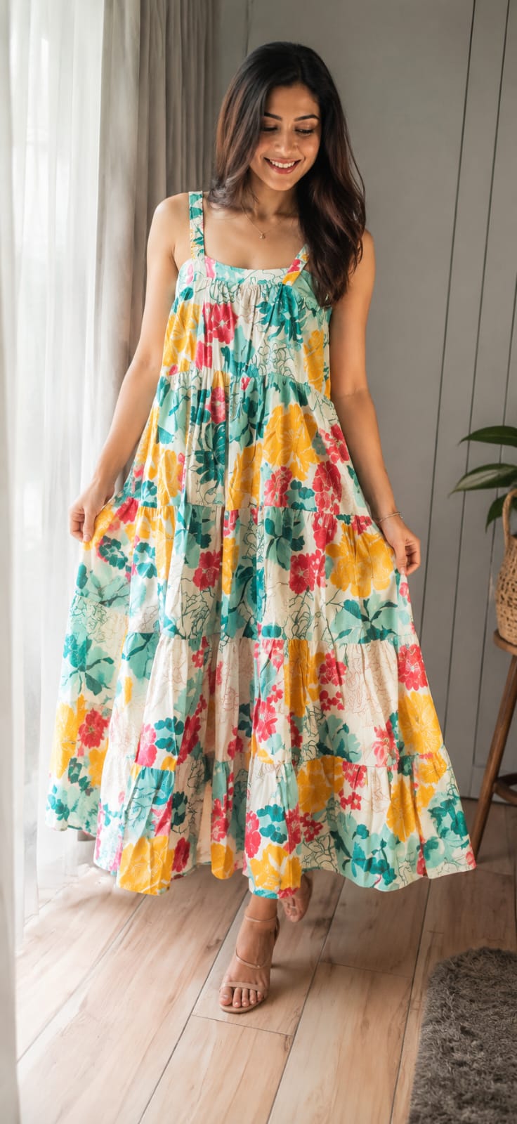 Floral Cotton Maxi Dress for Women | Sleeveless Square Neck Tiered Long Dress with Smocked Back