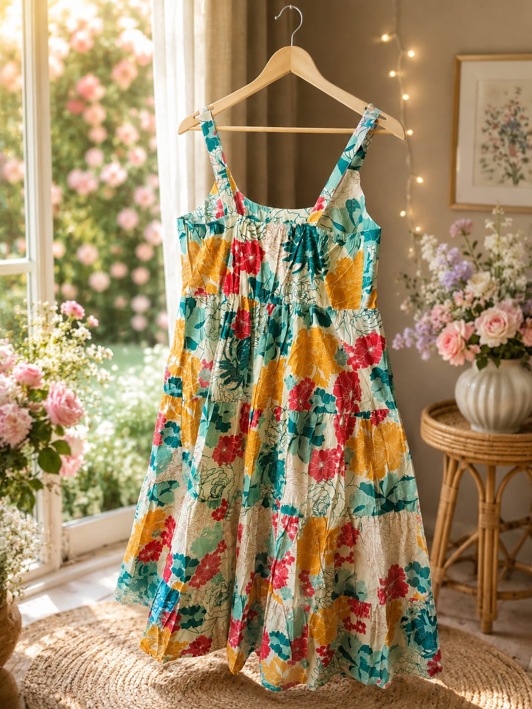 Floral Cotton Maxi Dress for Women | Sleeveless Square Neck Tiered Long Dress with Smocked Back