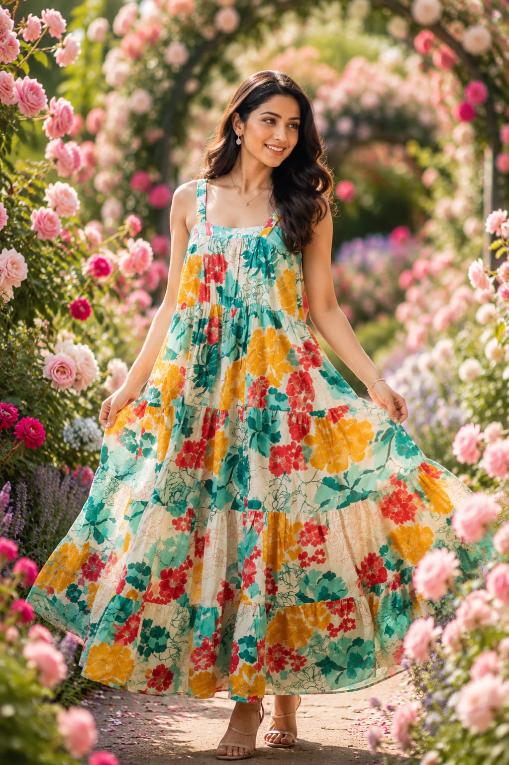 Floral Cotton Maxi Dress for Women | Sleeveless Square Neck Tiered Long Dress with Smocked Back
