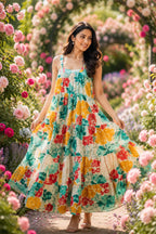 Floral Cotton Maxi Dress for Women | Sleeveless Square Neck Tiered Long Dress with Smocked Back