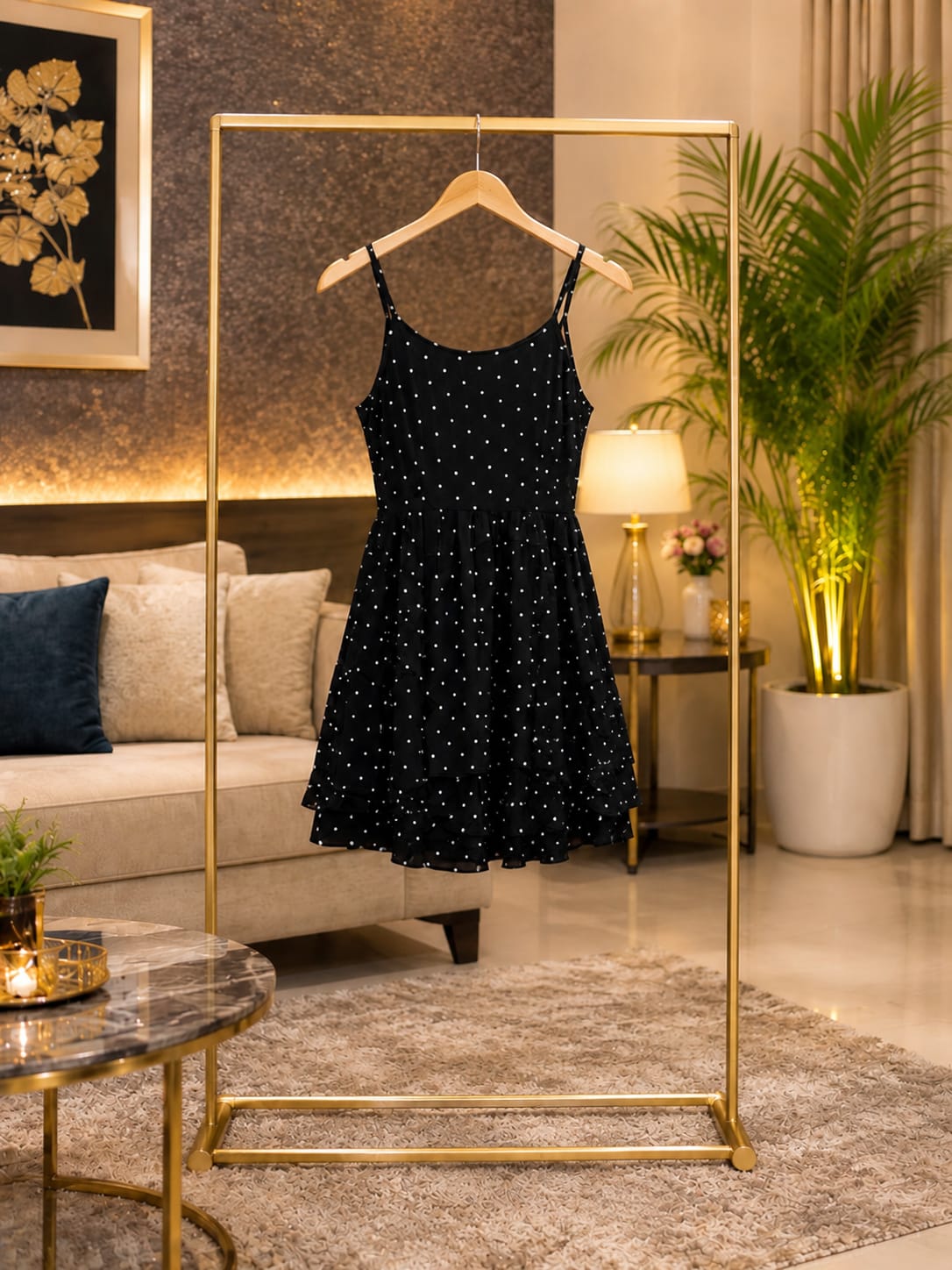 Black Polka Dot Short Midi Dress for Women | Sleeveless Spaghetti Strap Fit & Flare Dress