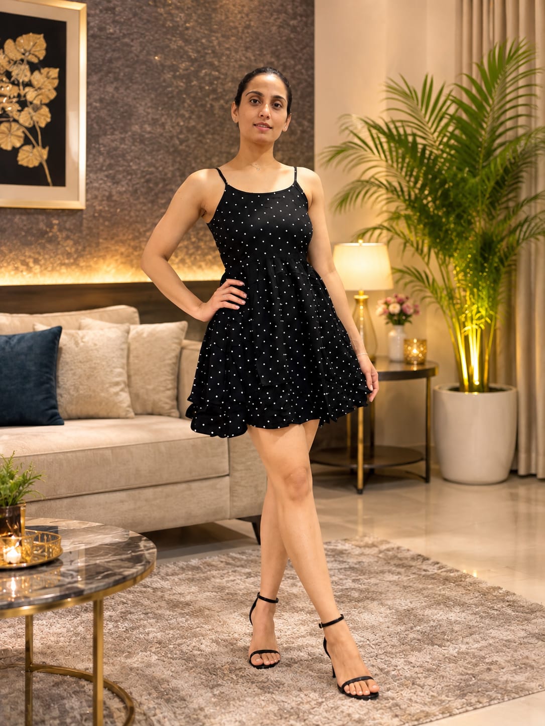 Black Polka Dot Short Midi Dress for Women | Sleeveless Spaghetti Strap Fit & Flare Dress