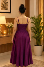 Wine Purple Cotton Rayon Maxi Dress  | Smocked Bodice Spaghetti Strap Flared Long Dress