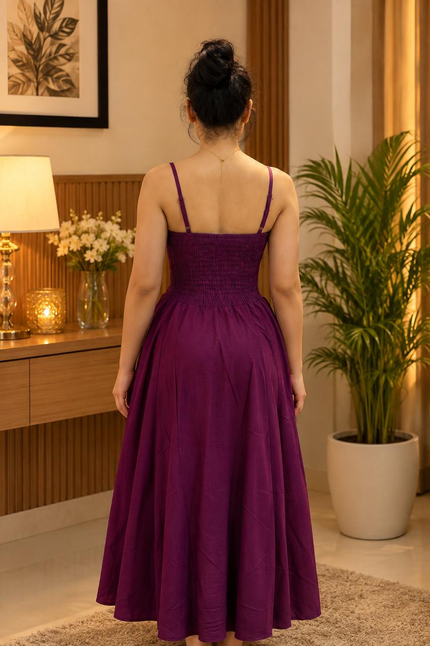 Wine Purple Cotton Rayon Maxi Dress  | Smocked Bodice Spaghetti Strap Flared Long Dress
