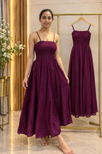 Wine Purple Cotton Rayon Maxi Dress  | Smocked Bodice Spaghetti Strap Flared Long Dress