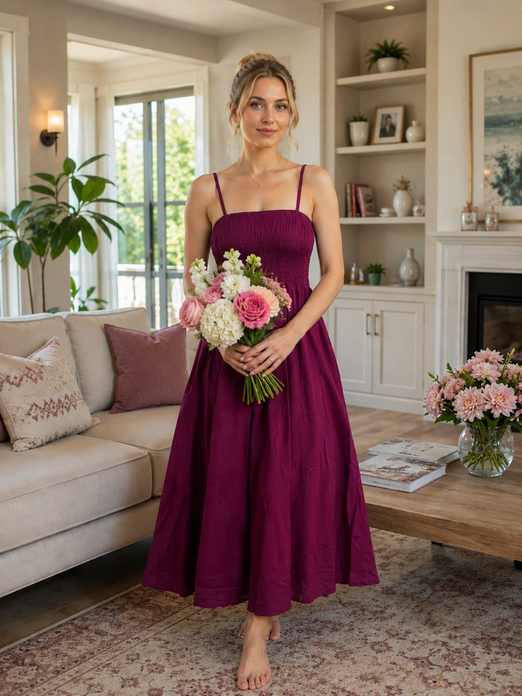 Wine Purple Cotton Rayon Maxi Dress  | Smocked Bodice Spaghetti Strap Flared Long Dress