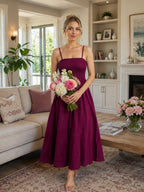 Wine Purple Cotton Rayon Maxi Dress  | Smocked Bodice Spaghetti Strap Flared Long Dress
