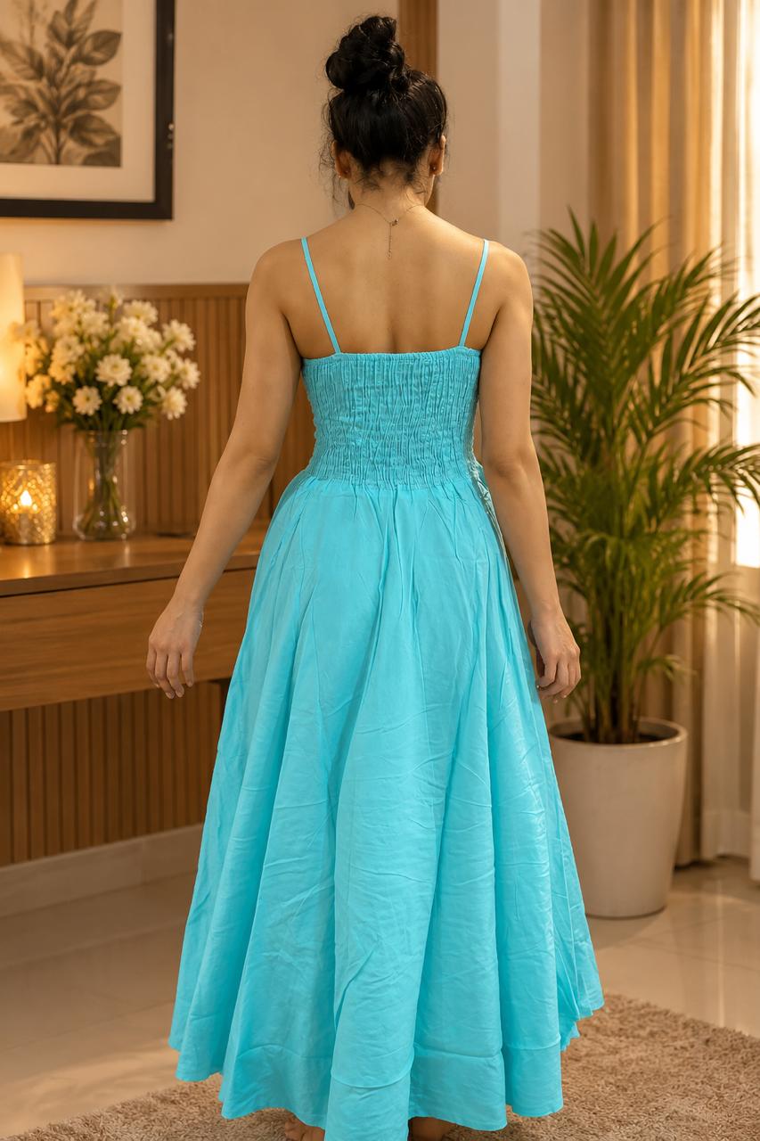 Turquoise  Cotton Rayon Maxi Dress | Spaghetti Strap Smocked Waist Flared Long Dress