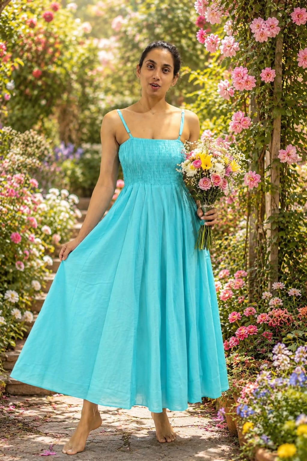 Turquoise  Cotton Rayon Maxi Dress | Spaghetti Strap Smocked Waist Flared Long Dress