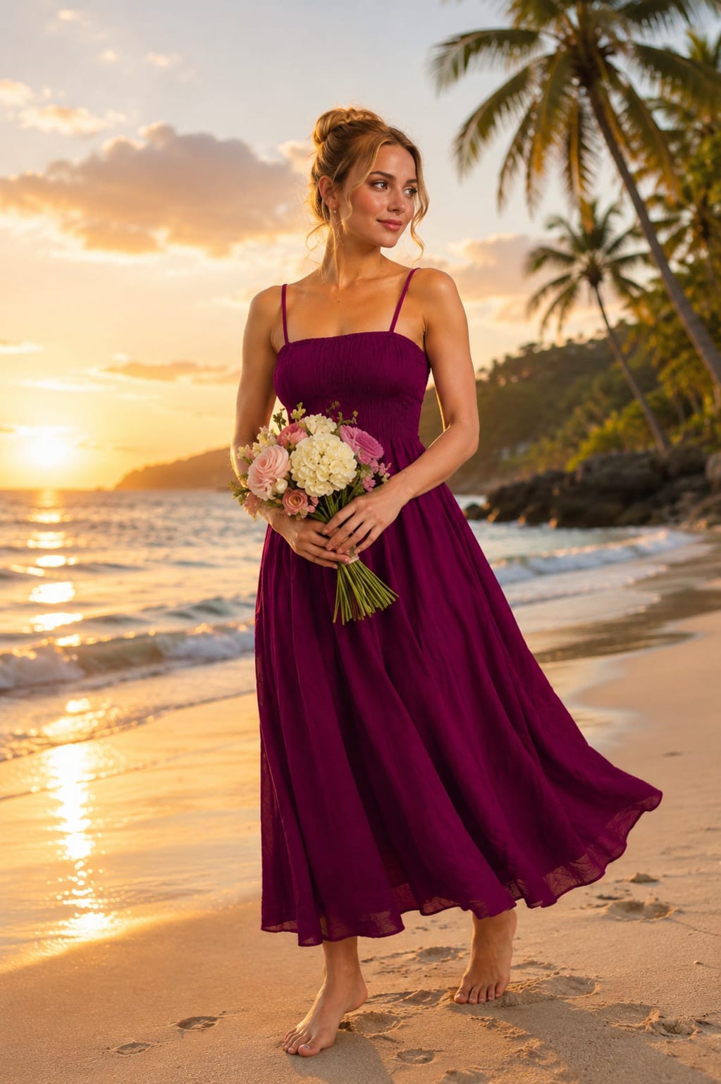 Wine Purple Cotton Rayon Maxi Dress  | Smocked Bodice Spaghetti Strap Flared Long Dress