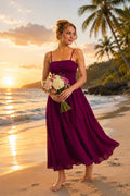 Wine Purple Cotton Rayon Maxi Dress  | Smocked Bodice Spaghetti Strap Flared Long Dress