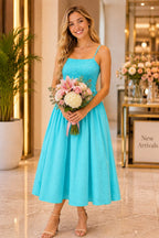 Turquoise  Cotton Rayon Maxi Dress | Spaghetti Strap Smocked Waist Flared Long Dress