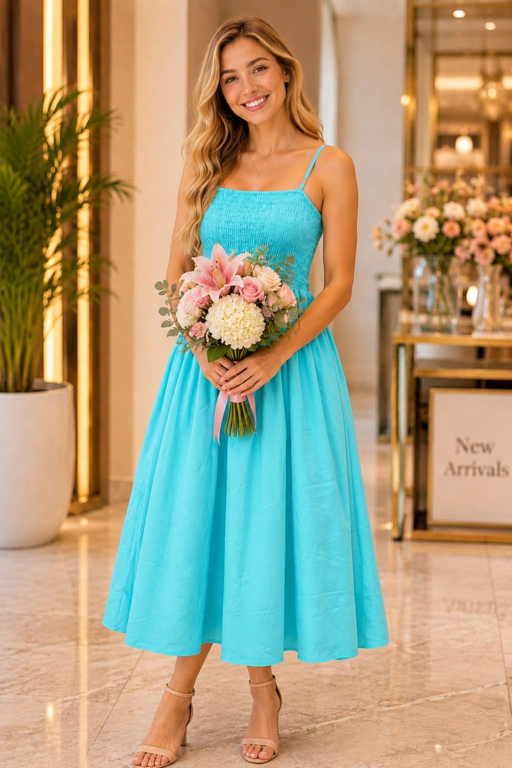 Turquoise  Cotton Rayon Maxi Dress | Spaghetti Strap Smocked Waist Flared Long Dress