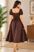 Chocolate Brown Cotton Midi Dress for Women, Puff Sleeve Square Neck Lace-Up Back Flared Dress