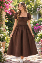 Chocolate Brown Cotton Midi Dress, Pure Cotton