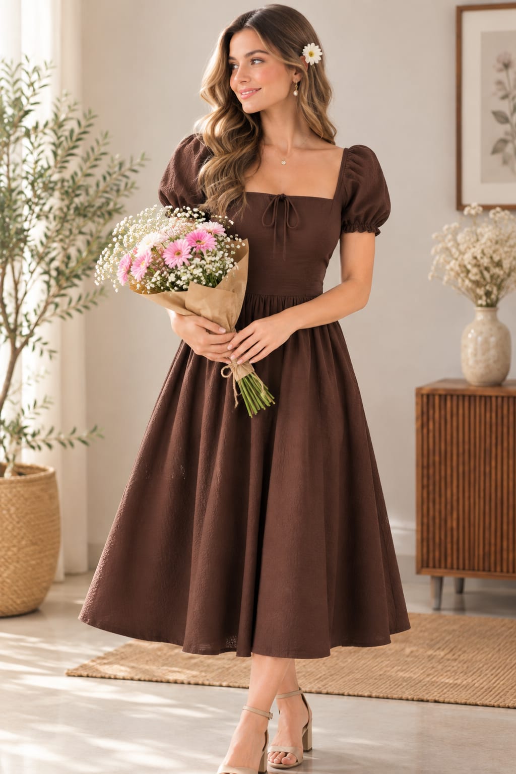 Chocolate Brown Cotton Midi Dress, Pure Cotton