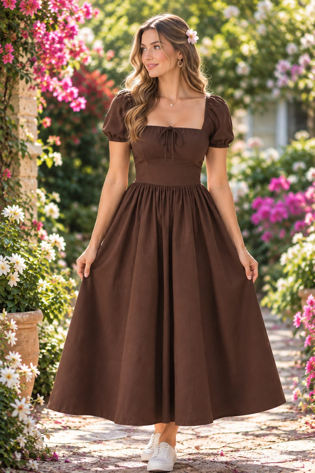 Chocolate Brown Cotton Midi Dress for Women, Puff Sleeve Square Neck Lace-Up Back Flared Dress
