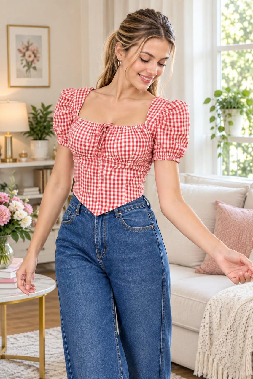 Gingham Check Cotton Crop Top for Women, Puff Sleeve Square Neck