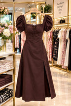 Puff Sleeve Square Neck Lace-Up Back Front Slit Dress