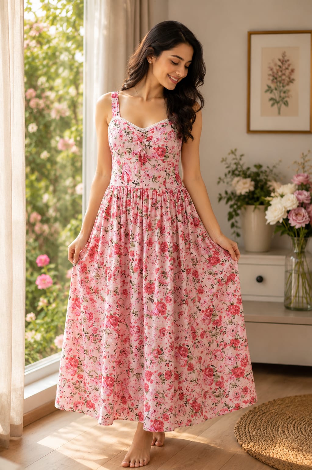 Pink Floral Print Cotton Midi Dress for Women, Broad Strap Sweetheart Neck Smocked Back Flared Dress