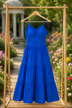 Royal Blue Maxi Dress for Women, Spaghetti Strap Ruched Bust Tiered Flared Dress