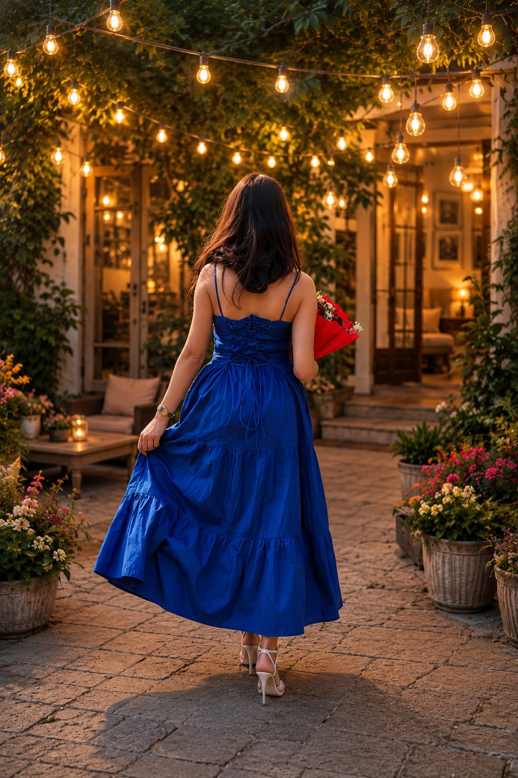 Royal Blue Maxi Dress for Women, Spaghetti Strap Ruched Bust Tiered Flared Dress