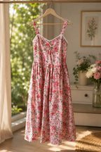Pink Floral Print Cotton Midi Dress for Women, Broad Strap Sweetheart Neck Smocked Back Flared Dress