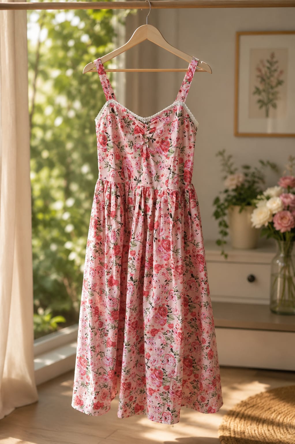 Pink Floral Print Cotton Midi Dress for Women, Broad Strap Sweetheart Neck Smocked Back Flared Dress