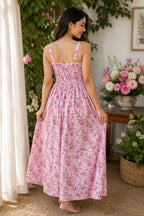 Pink Floral Print Cotton Midi Dress for Women, Broad Strap Sweetheart Neck Smocked Back Flared Dress
