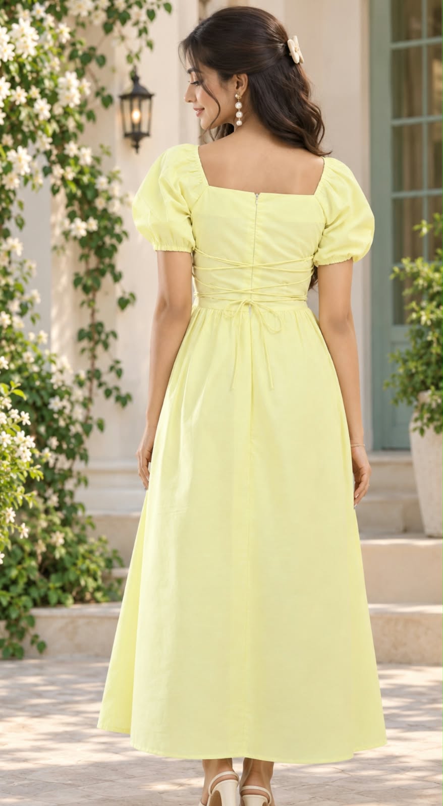 Butter Yellow Cotton Puff Sleeve Square Neck Lace-Up Back Flared Dress
